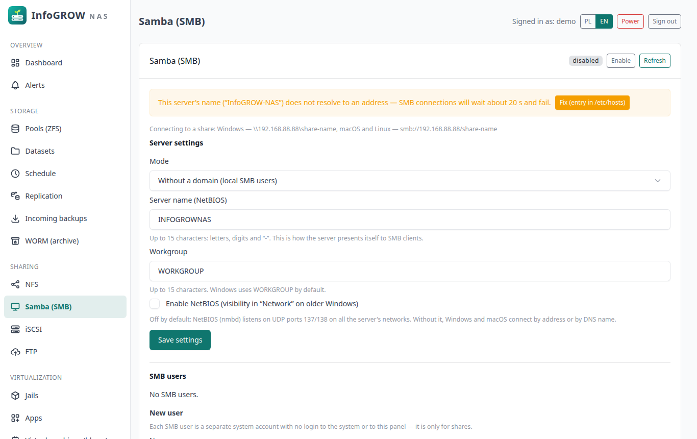 Samba: server settings, users and shares