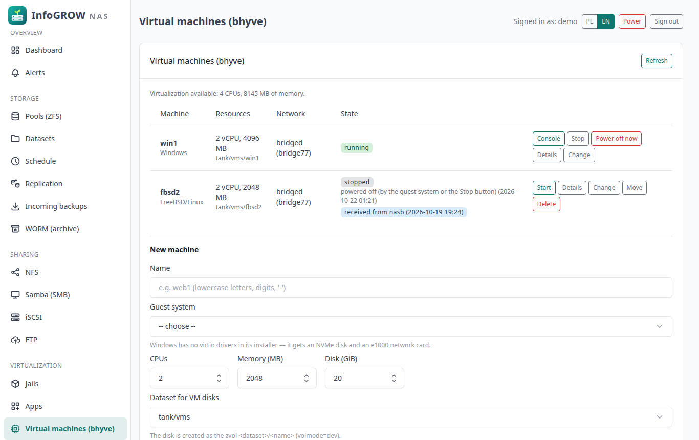 Virtual machines with a console in the browser